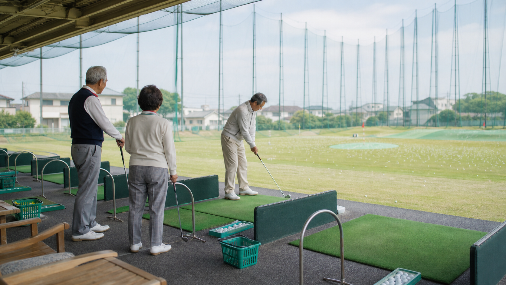 子どもがゴルフ練習をする風景