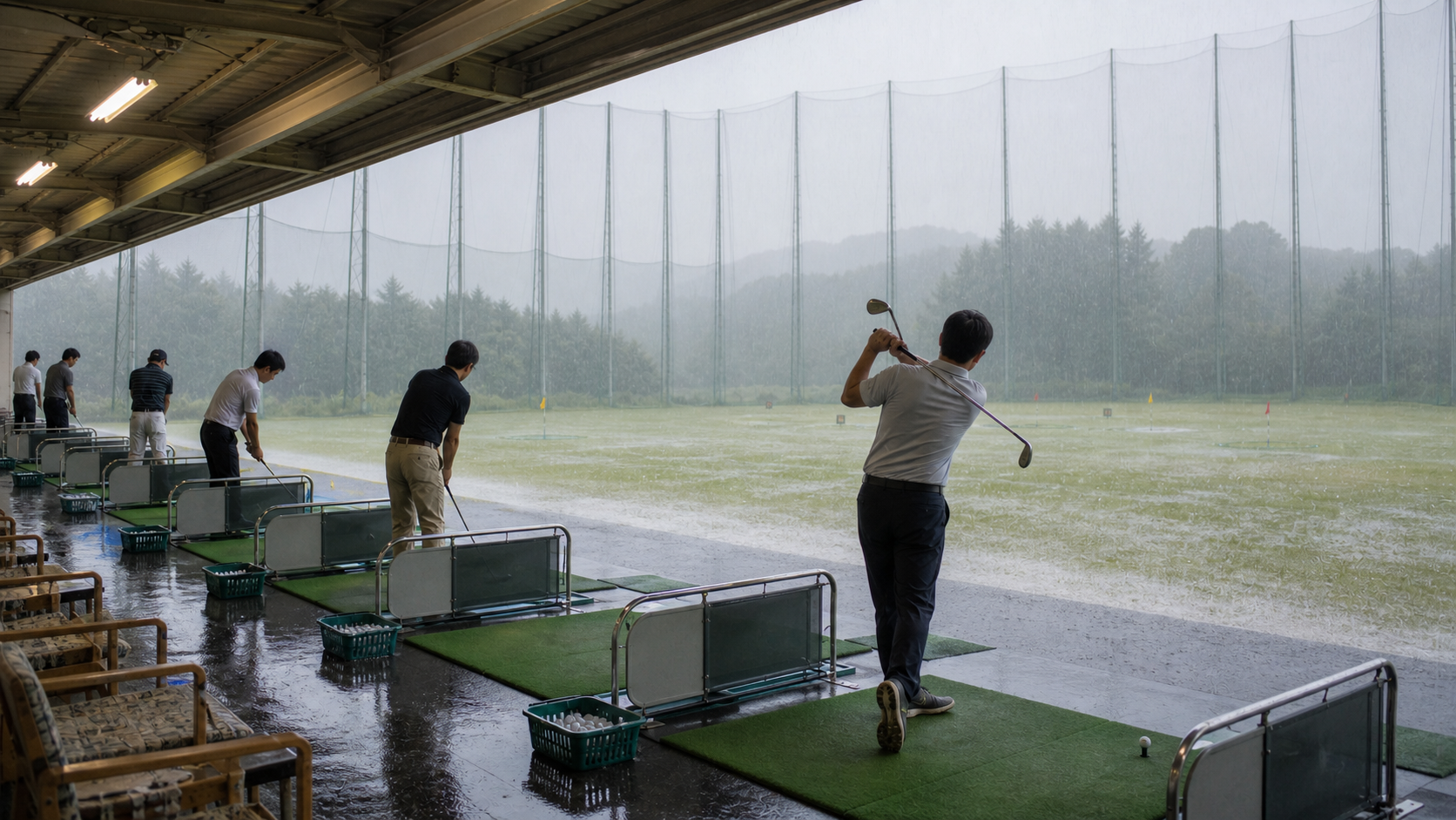 雨の日の屋根付き打席